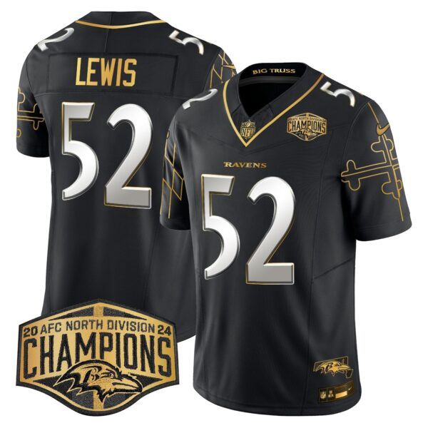 Ravens Maryland Flag Map 2024 AFC North Division Champions Patch Gold Vapor Limited Jersey – All Stitched – Black Limited – Ray Lewis Jersey