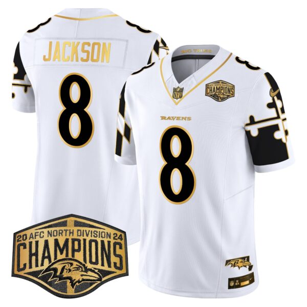 Ravens Maryland Flag Map 2024 AFC North Division Champions Patch Gold Vapor Limited Jersey – All Stitched – White Gold – Lamar Jackson Jersey