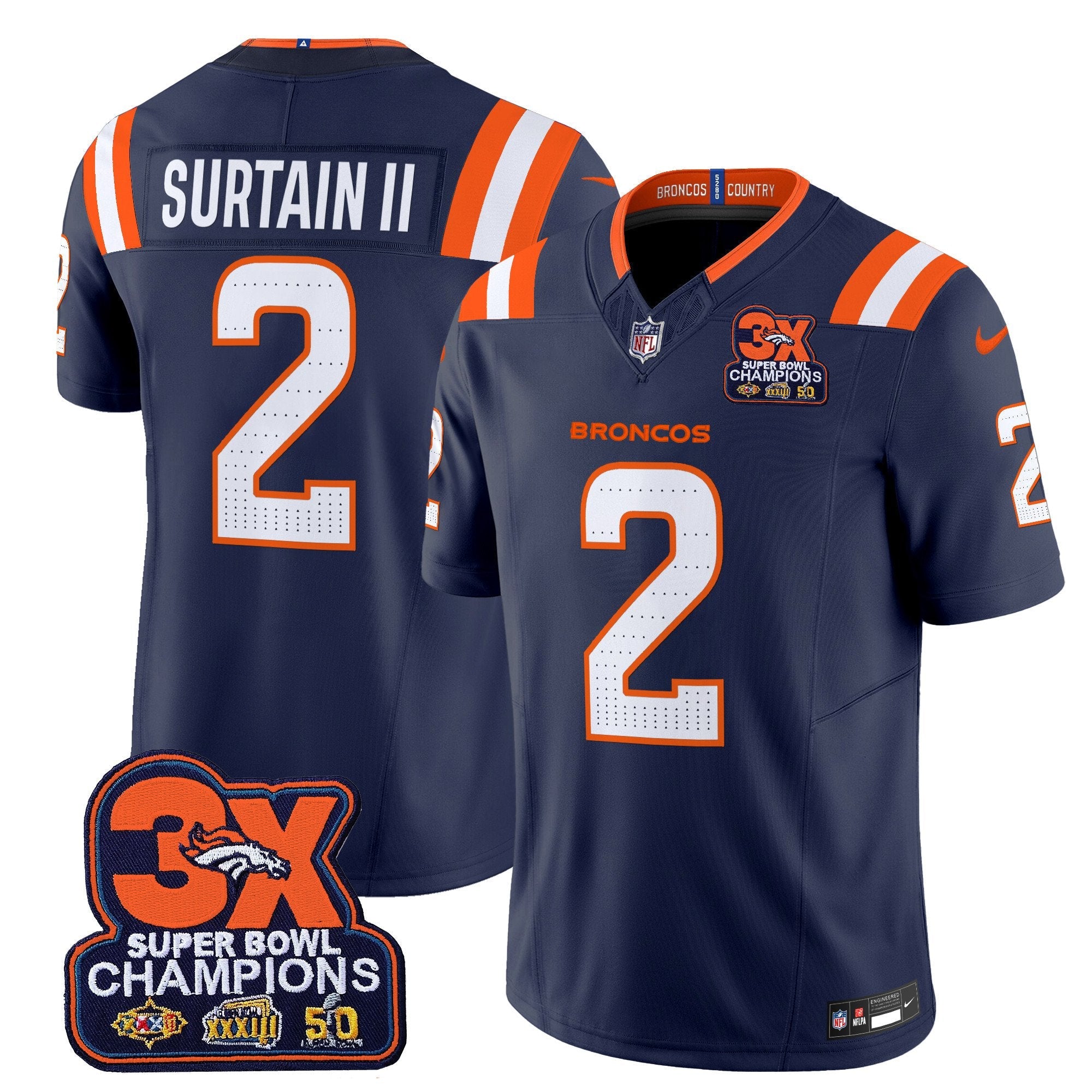 Denver Broncos 3-Time Champions Patch Vapor Limited Jersey V2 – All Stitched – Navy – Patrick Surtain II Jersey