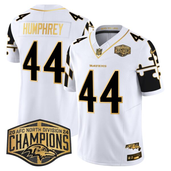 Ravens Maryland Flag Map 2024 AFC North Division Champions Patch Gold Vapor Limited Jersey – All Stitched – White Gold – Marlon Humphrey Jersey