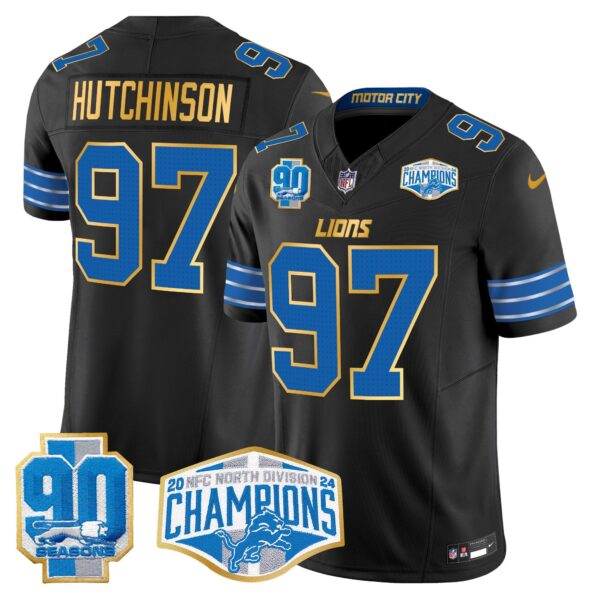 Detroit Lions 2024 NFC North Division Champions Patch Gold Trim Vapor Limited Jersey – All Stitched – Black – Hutchinson Jersey