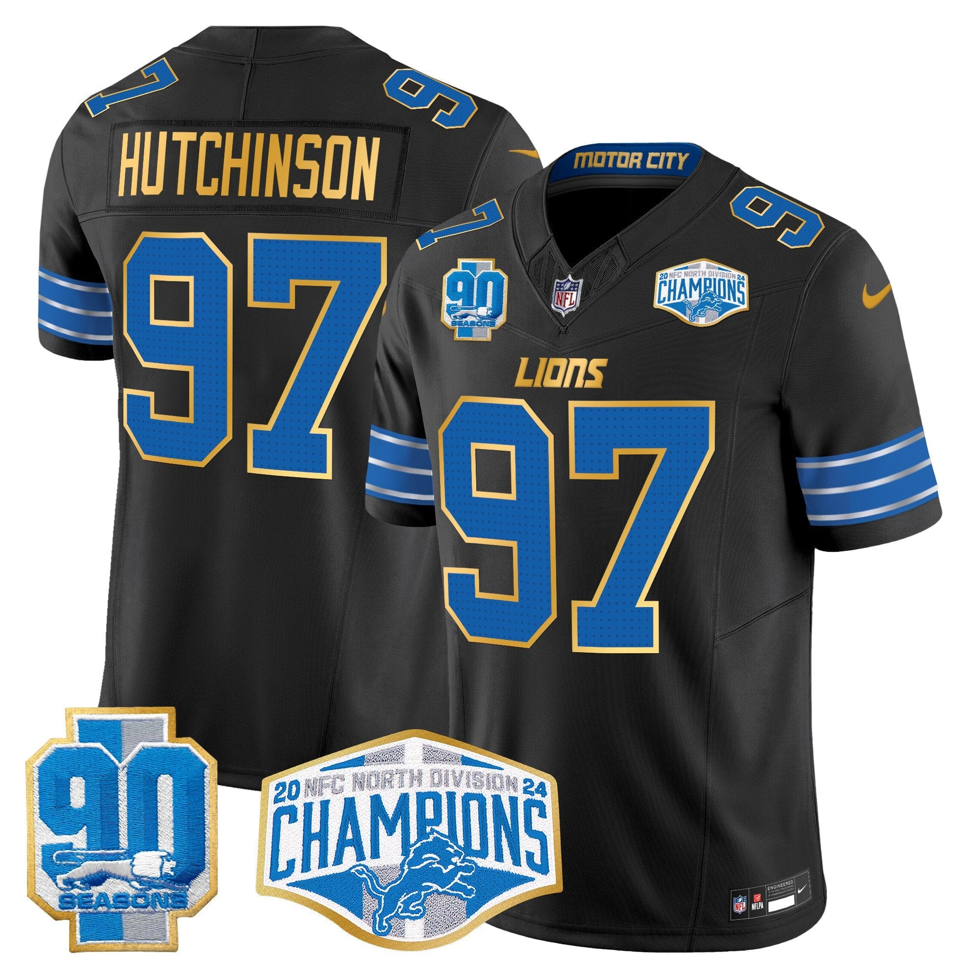 Detroit Lions 2024 NFC North Division Champions Patch Gold Trim Vapor Limited Jersey – All Stitched – Black – Hutchinson Jersey