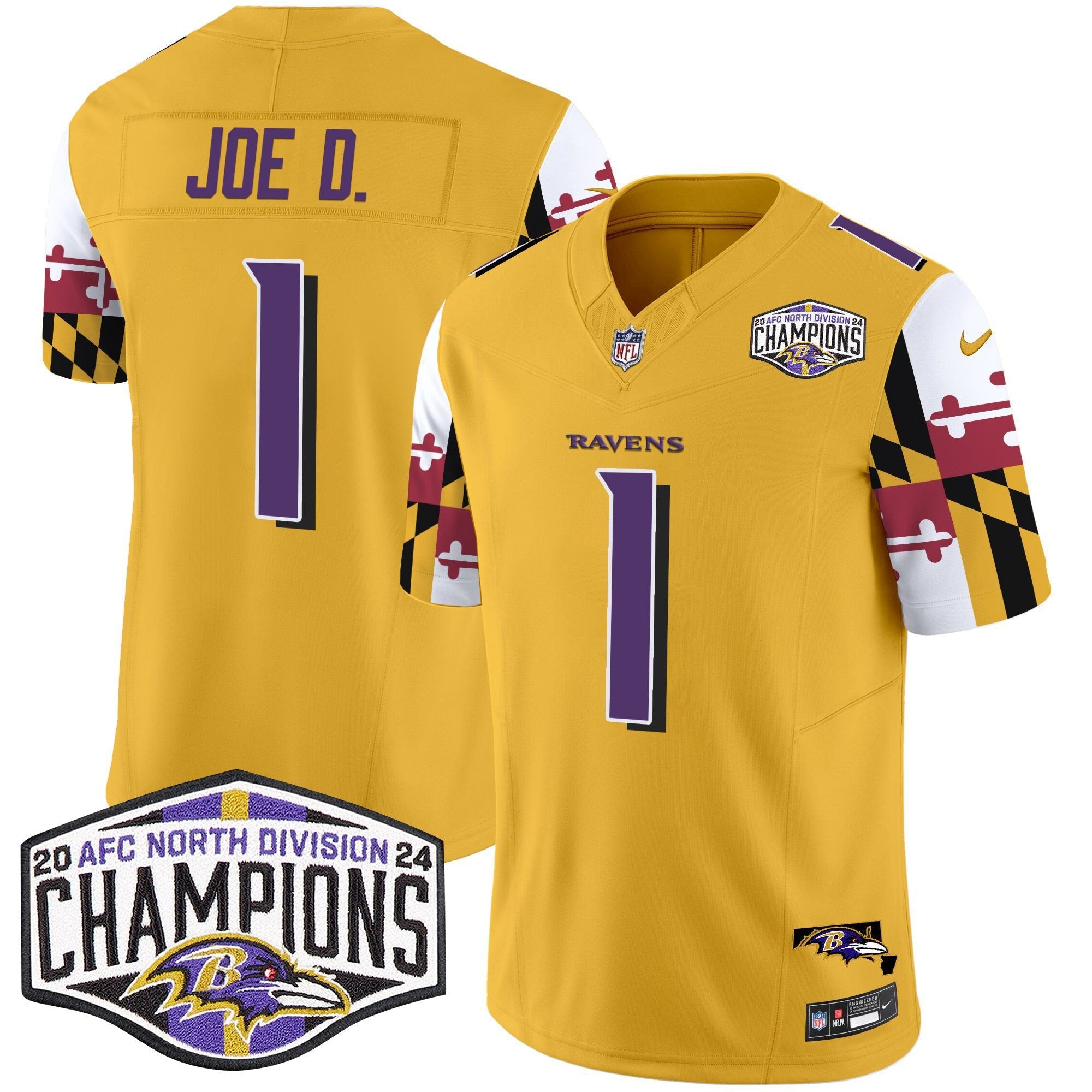Ravens Maryland Flag 2024 AFC North Division Champions Patch Vapor Limited Jersey – All Stitched – Gold – Joe D Jersey