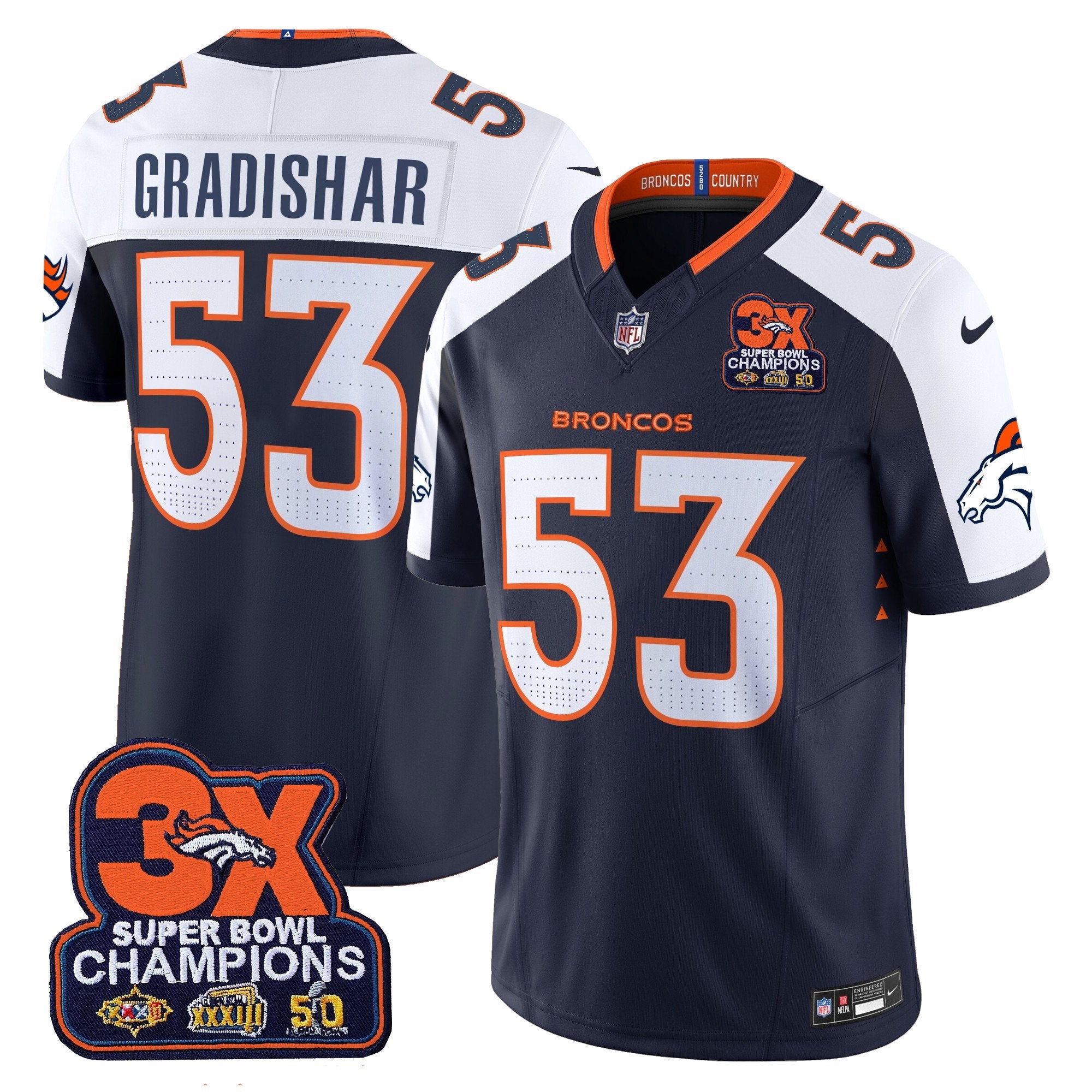 Denver Broncos 3-Time Champions Patch Vapor Limited Jersey – All Stitched – Navy Alternate – Randy Gradishar Jersey