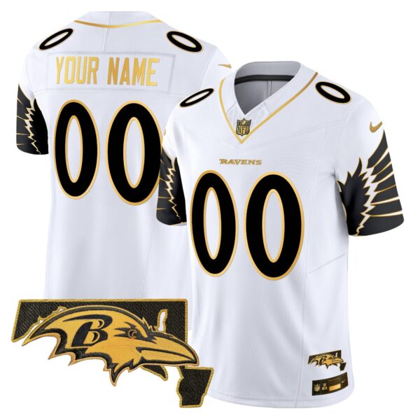 Ravens Maryland Patch Gold Vapor Limited Custom Jersey V2 – All Stitched – White Gold Jersey