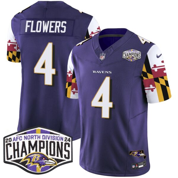 Ravens Maryland Flag 2024 AFC North Division Champions Patch Vapor Limited Jersey – All Stitched – Purple – Zay Flowers Jersey