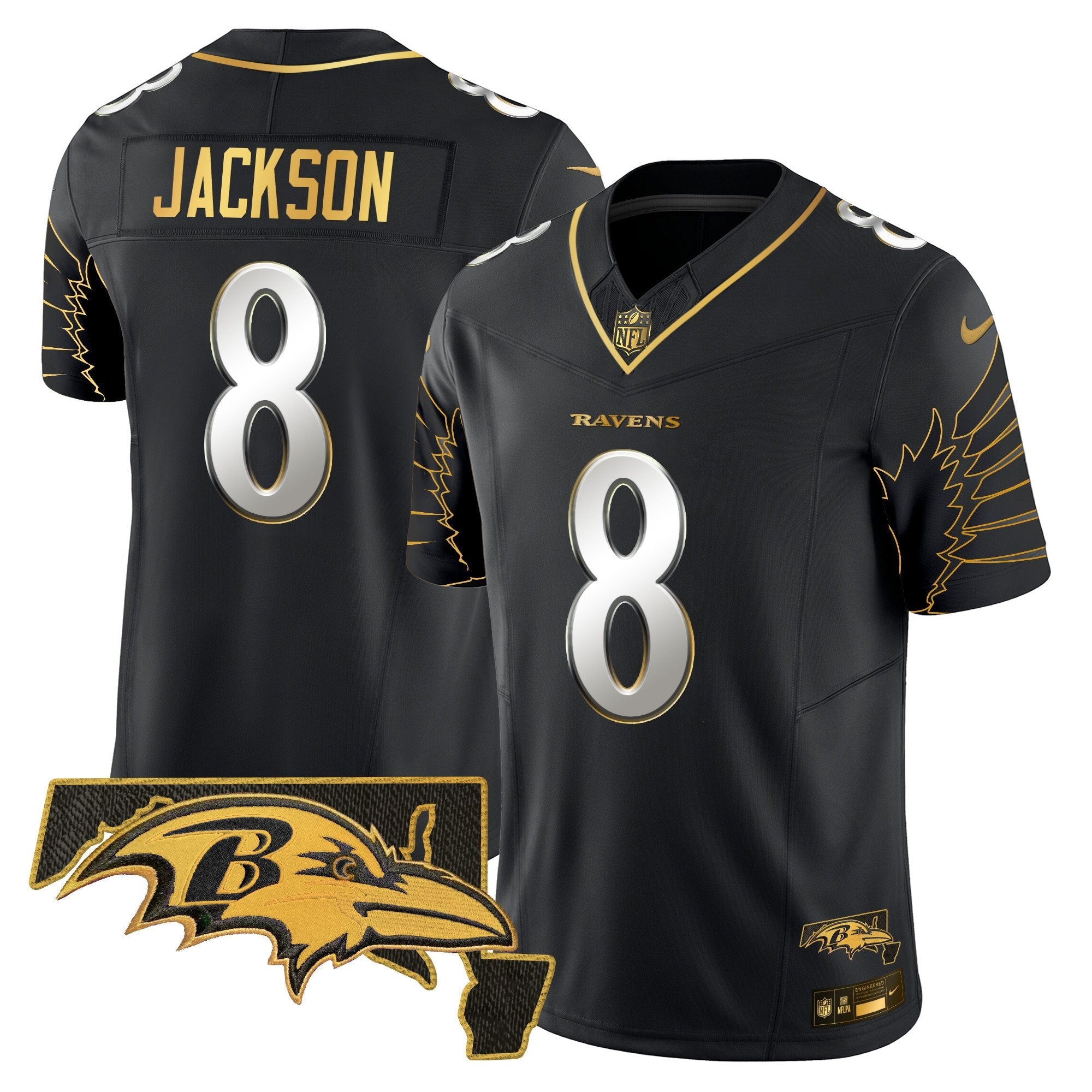 Ravens Maryland Patch Gold Vapor Limited Jersey V2 – All Stitched – Black Limited – Lamar Jackson Jersey