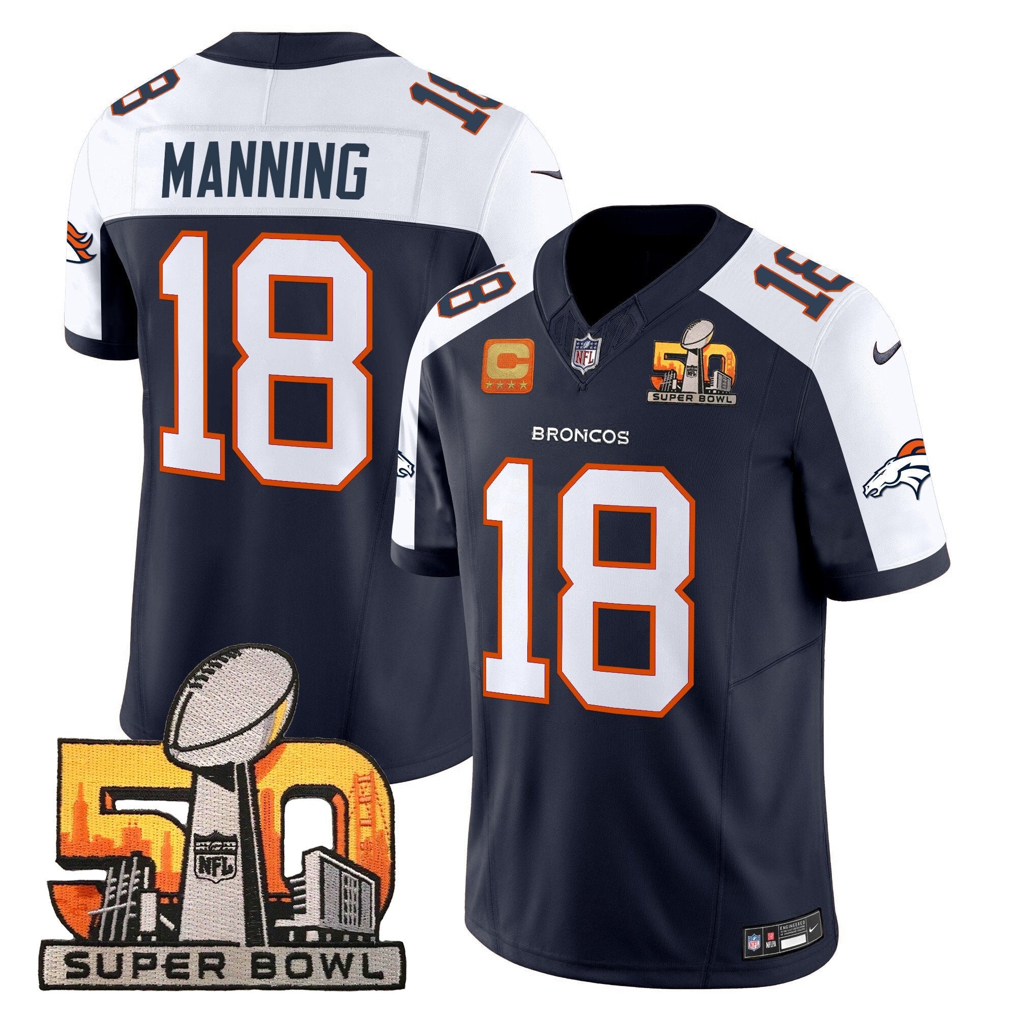 Denver Broncos Super Bowl 50 Patch Vapor Limited Jersey – All Stitched – Navy Alternate – Peyton Manning Jersey