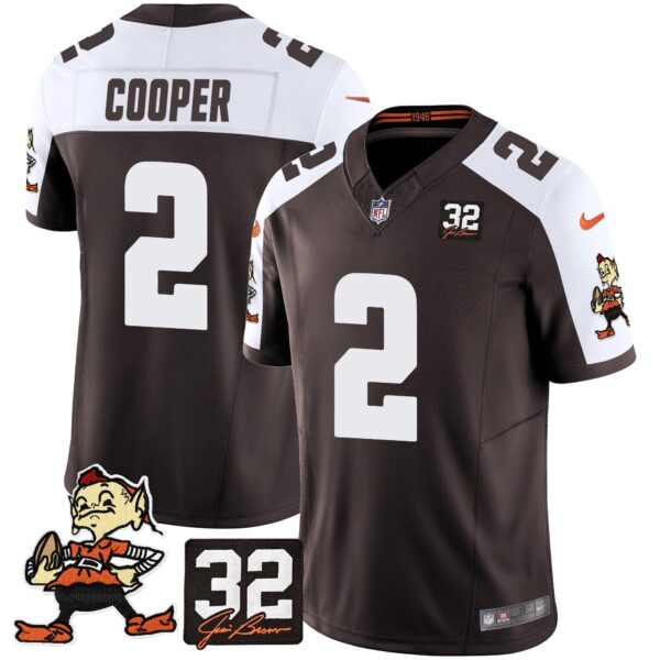 Browns #32 Jim Brown Memorial Patch Vapor Limited Jersey V2 – All Stitched – Alternate – Amari Cooper Jersey