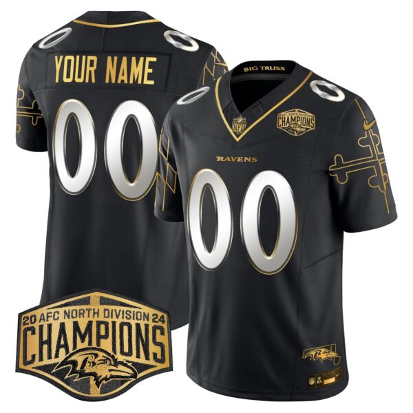 Ravens Maryland Flag Map 2024 AFC North Division Champions Patch Gold Vapor Limited Custom Jersey – All Stitched – Black Limited Jersey