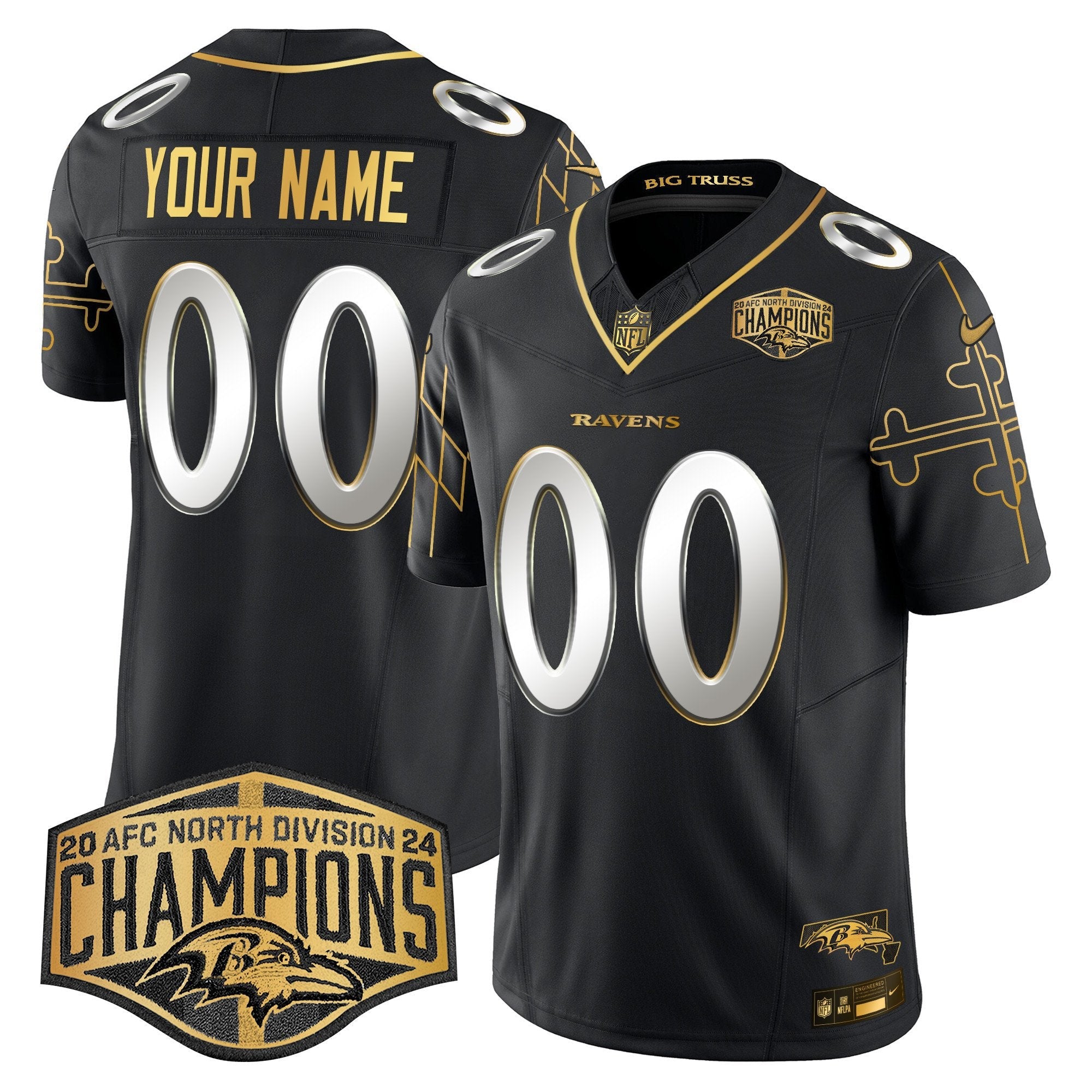 Ravens Maryland Flag Map 2024 AFC North Division Champions Patch Gold Vapor Limited Custom Jersey – All Stitched – Black Limited Jersey