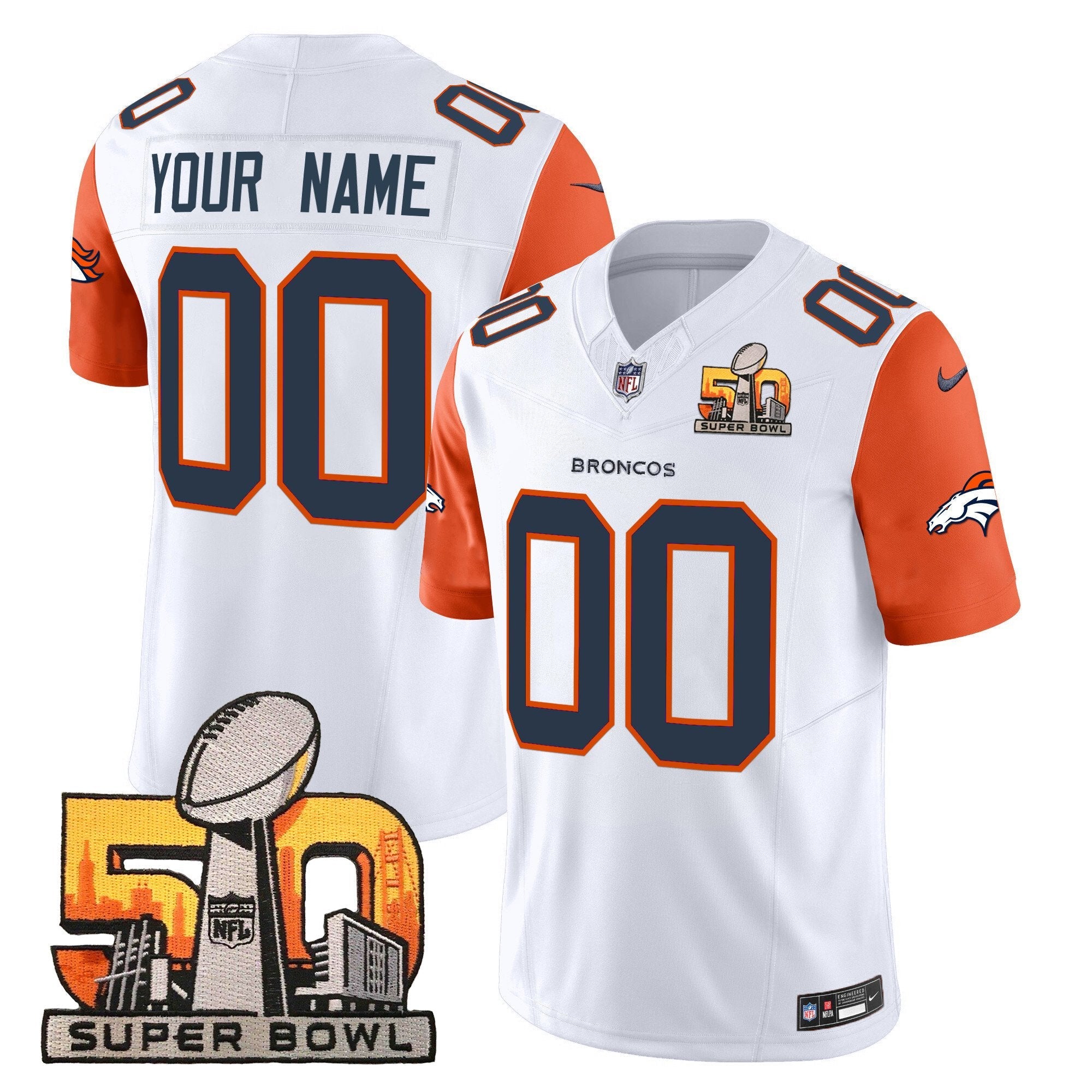 Denver Broncos Super Bowl 50 Patch Vapor Limited Custom Jersey – All Stitched – Orange Sleeves Jersey