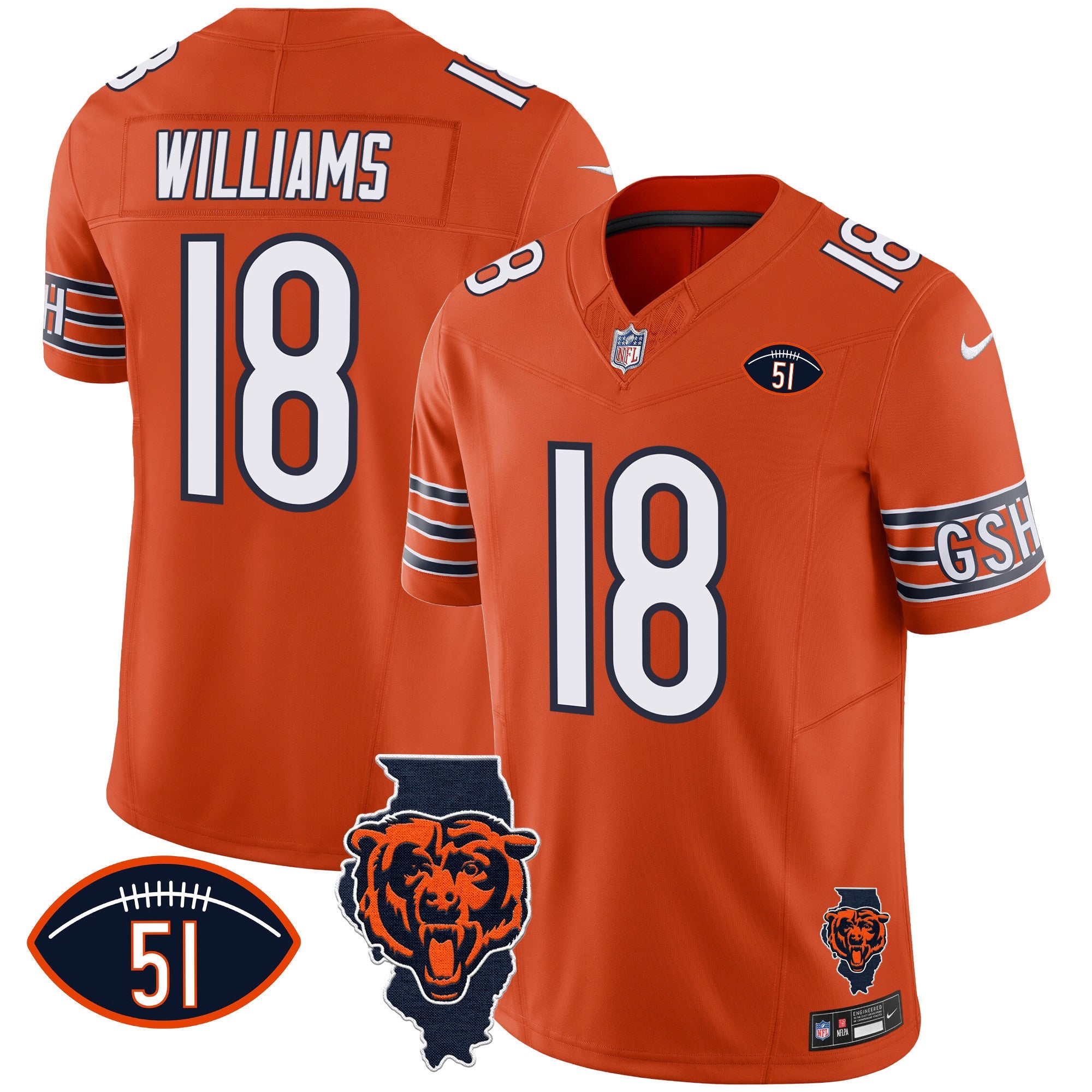 Bears Illinois Patch Vapor Jersey – All Stitched – Orange – Caleb Williams Jersey