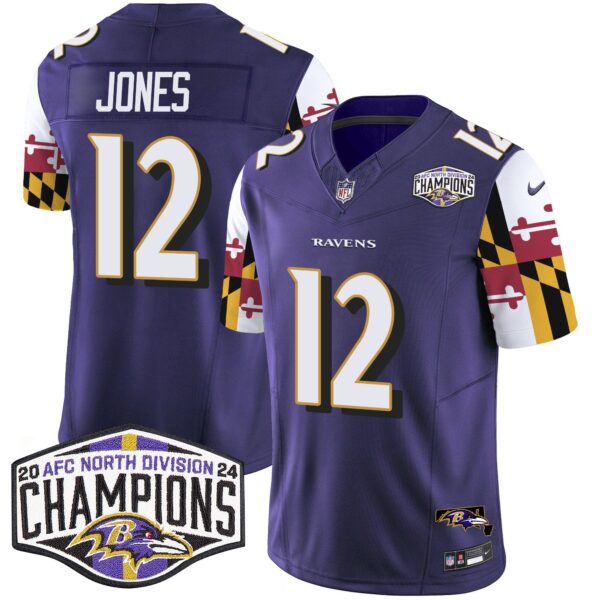 Ravens Maryland Flag 2024 AFC North Division Champions Patch Vapor Limited Jersey – All Stitched – Purple – Jacoby Jones Jersey