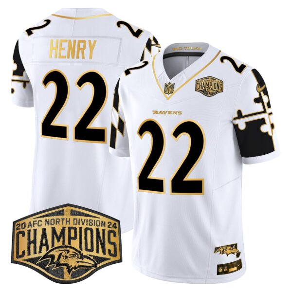 Ravens Maryland Flag Map 2024 AFC North Division Champions Patch Gold Vapor Limited Jersey – All Stitched – White Gold – Derrick Henry Jersey