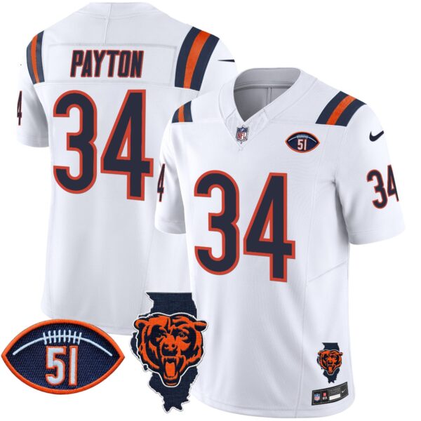 Bears Illinois Patch Vapor Limited Jersey V2 – All Stitched – White – Walter Payton Jersey