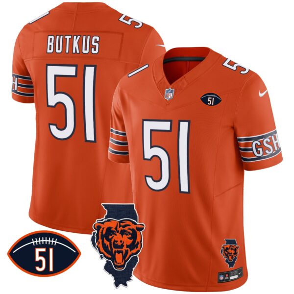 Bears Illinois Patch Vapor Jersey – All Stitched – Orange – Dick Butkus Jersey