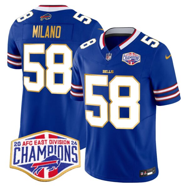 Bills 2024 AFC East Division Champions Gold Trim Vapor Limited Jersey – All Stitched – Royal – Matt Milano Jersey