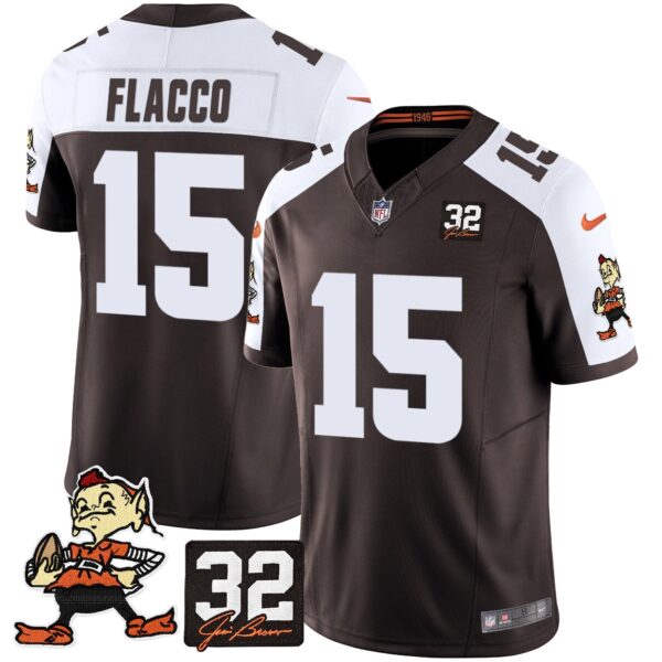 Browns #32 Jim Brown Memorial Patch Vapor Limited Jersey V2 – All Stitched – Alternate – Joe Flacco Jersey