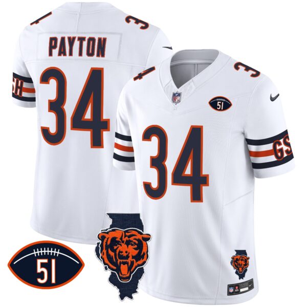 Bears Illinois Patch Vapor Jersey – All Stitched – White – Walter Payton Jersey