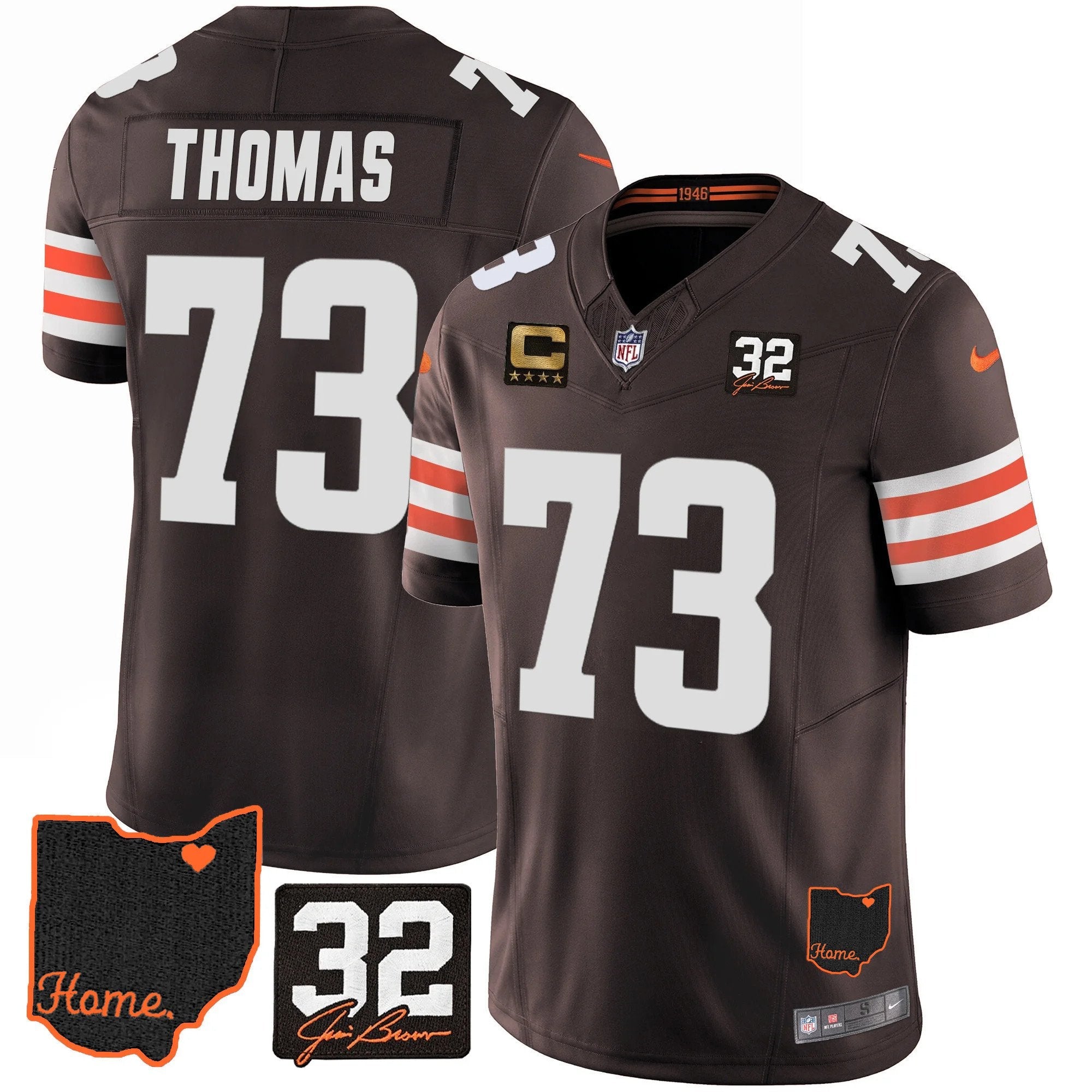 Browns #32 Jim Brown Memorial & Home Patch Jersey V3 – All Stitched – Brown – Joe Thomas Jersey