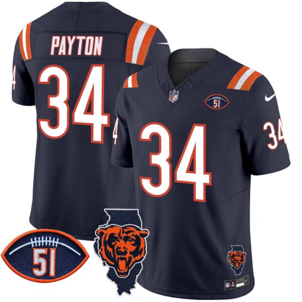 Bears Illinois Patch Vapor Limited Jersey V2 – All Stitched – Navy – Walter Payton Jersey