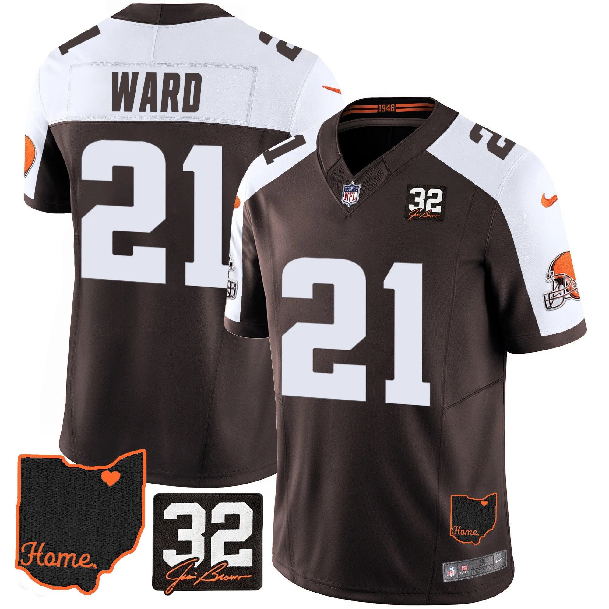 Browns #32 Jim Brown Memorial & Home Patch Jersey V3 – All Stitched – Alternate – Denzel Ward Jersey