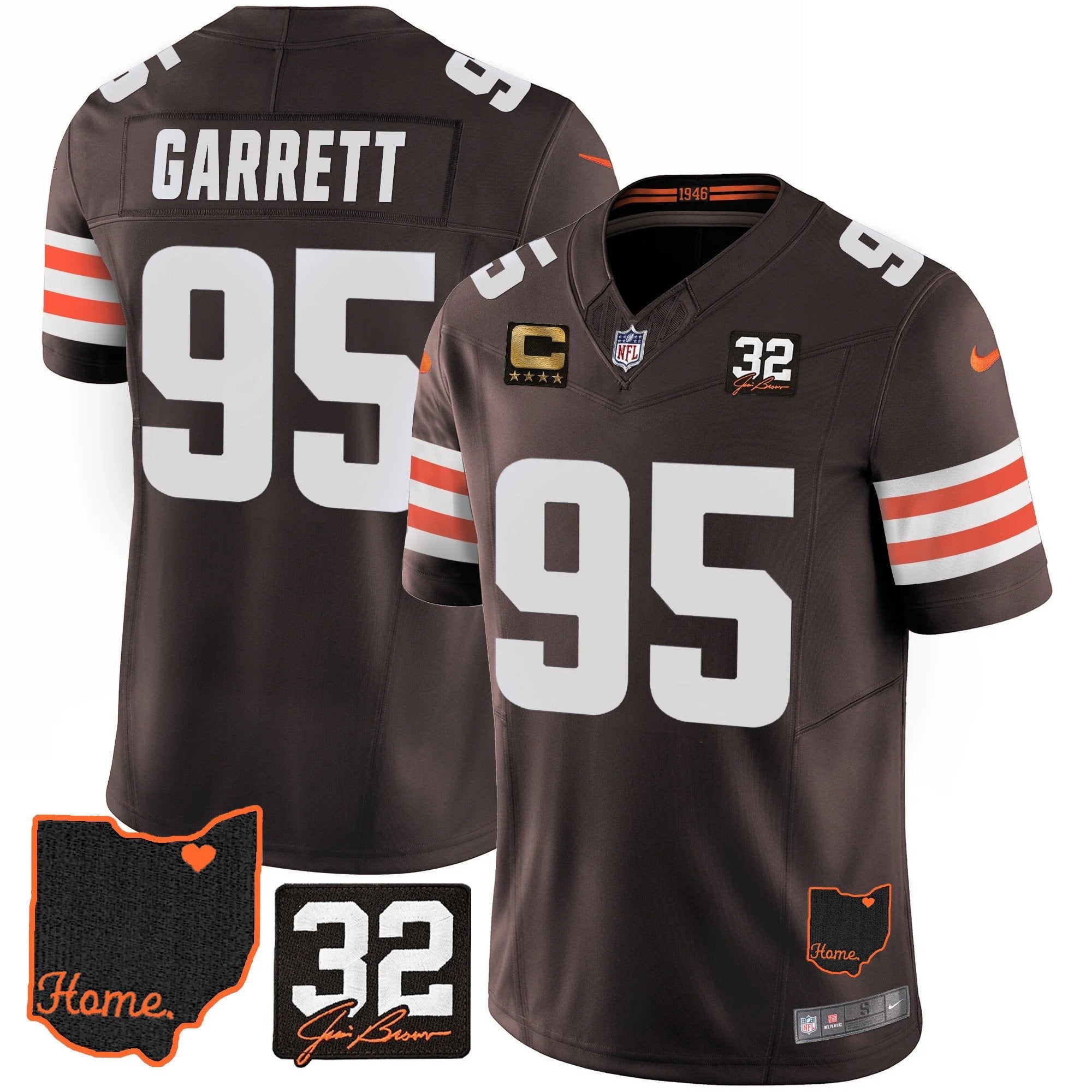 Browns #32 Jim Brown Memorial & Home Patch Jersey V3 – All Stitched – Brown – Myles Garrett Jersey