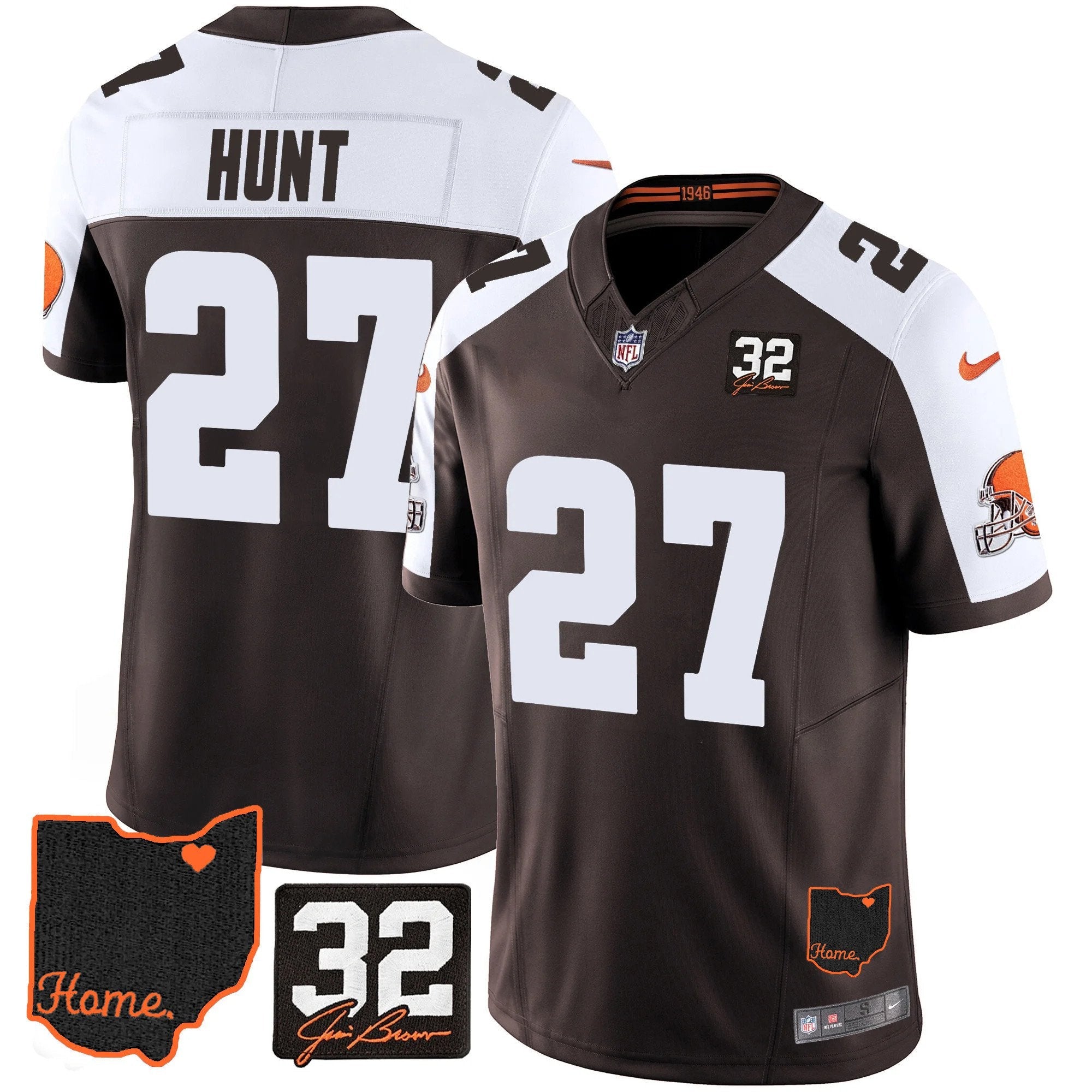 Browns #32 Jim Brown Memorial & Home Patch Jersey V3 – All Stitched – Alternate – Kareem Hunt Jersey