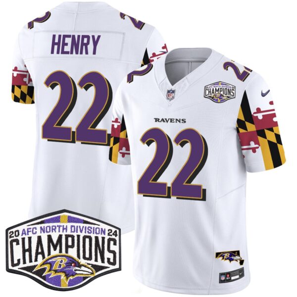 Ravens Maryland Flag 2024 AFC North Division Champions Patch Vapor Limited Jersey – All Stitched – White – Derrick Henry Jersey