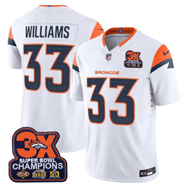 Denver Broncos 3-Time Champions Patch Vapor Limited Jersey – All Stitched – White – Javonte Williams Jersey