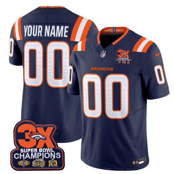 Denver Broncos 3-Time Champions Patch Vapor Limited Custom Jersey V2 – All Stitched – Navy Jersey