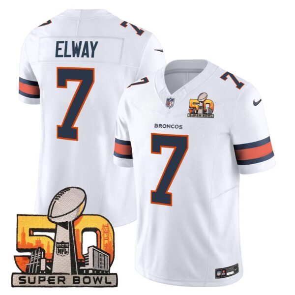 Denver Broncos Super Bowl 50 Patch Vapor Limited Jersey – All Stitched – White – John Elway Jersey
