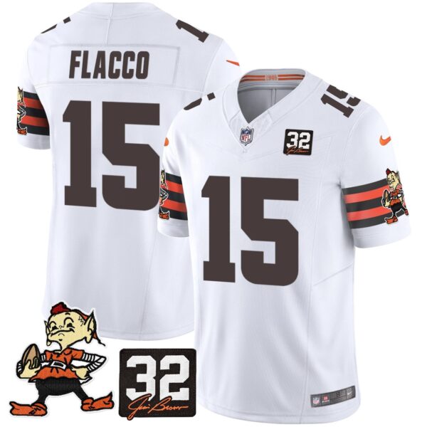 Browns #32 Jim Brown Memorial Patch Vapor Limited Jersey V2 – All Stitched – White – Joe Flacco Jersey