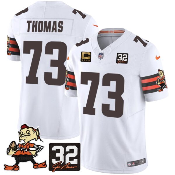 Browns #32 Jim Brown Memorial Patch Vapor Limited Jersey V2 – All Stitched – White – Joe Thomas Jersey