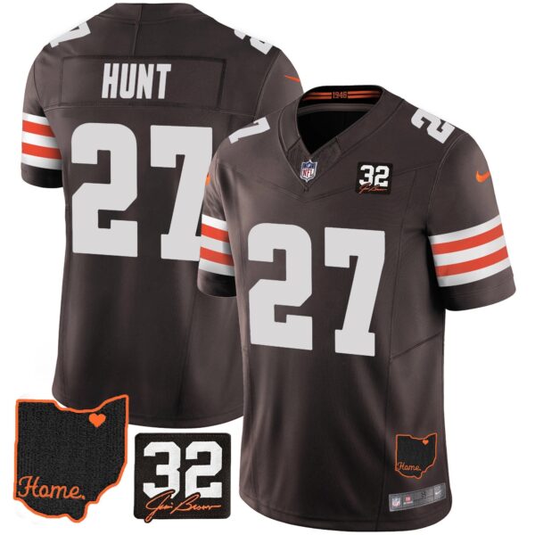 Browns #32 Jim Brown Memorial & Home Patch Jersey V3 – All Stitched – Brown – Kareem Hunt Jersey