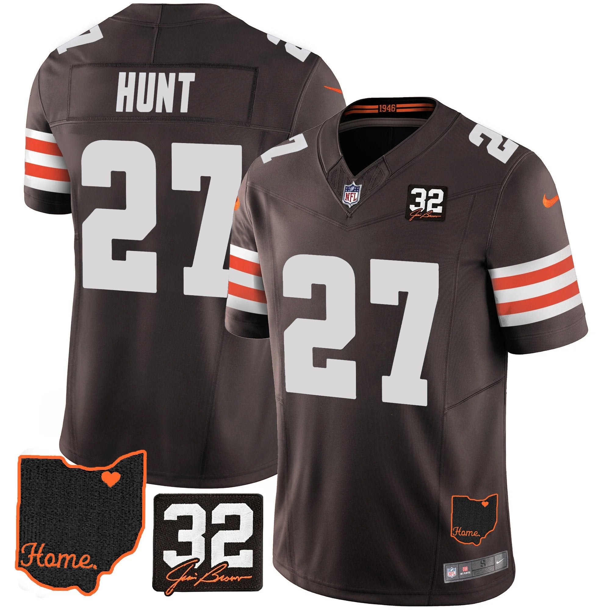 Browns #32 Jim Brown Memorial & Home Patch Jersey V3 – All Stitched – Brown – Kareem Hunt Jersey