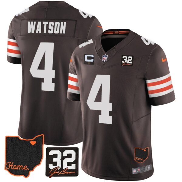 Browns #32 Jim Brown Memorial & Home Patch Jersey V3 – All Stitched – Brown – Deshaun Watson Jersey