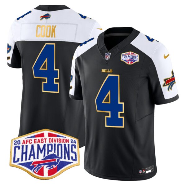 Bills 2024 AFC East Division Champions Gold Trim Vapor Limited Jersey – All Stitched – Black Alternate – James Cook Jersey