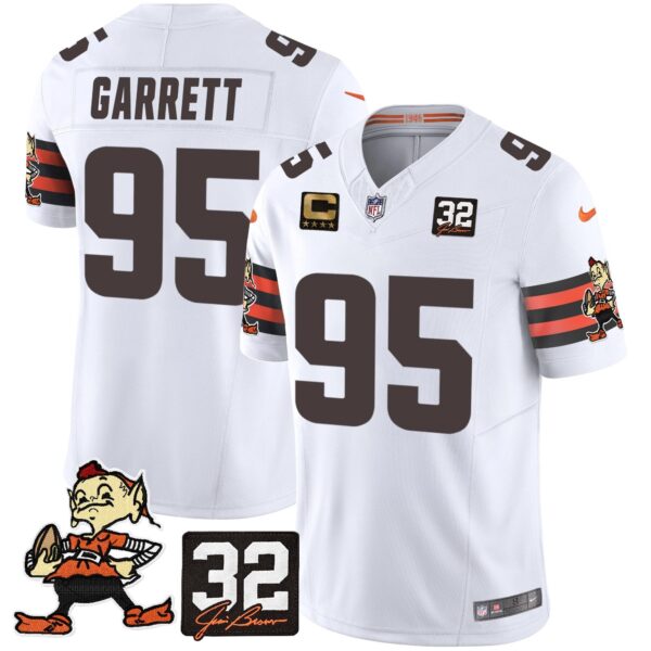Browns #32 Jim Brown Memorial Patch Vapor Limited Jersey V2 – All Stitched – White – Myles Garrett Jersey