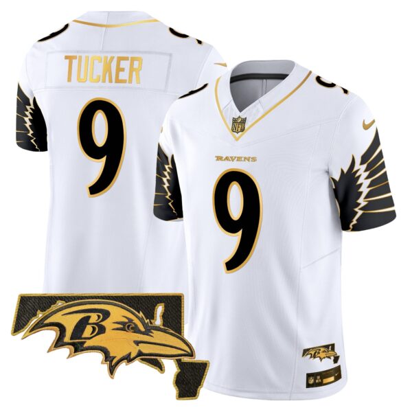 Ravens Maryland Patch Gold Vapor Limited Jersey V2 – All Stitched – White Gold – Justin Tucker Jersey