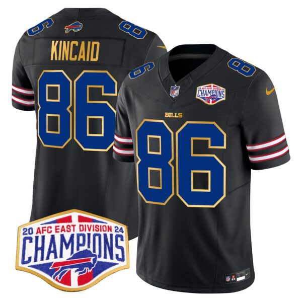 Bills 2024 AFC East Division Champions Gold Trim Vapor Limited Jersey – All Stitched – Black – Dalton Kincaid Jersey