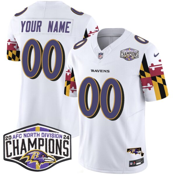 Ravens Maryland Flag 2024 AFC North Division Champions Patch Vapor Limited Custom Jersey – All Stitched – White Jersey