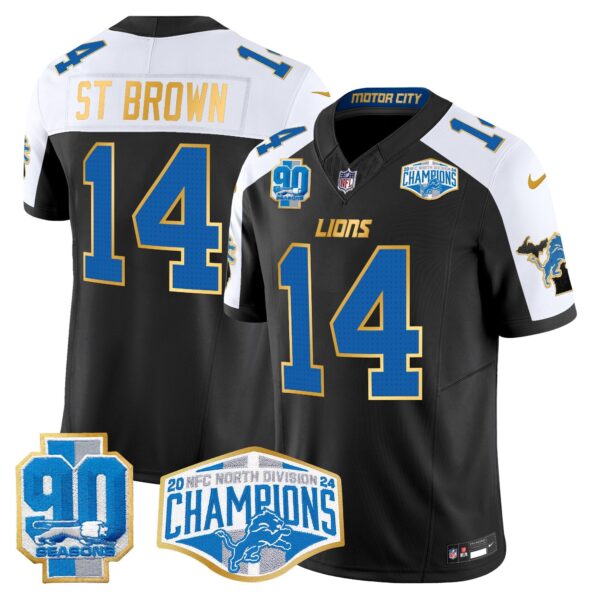 Detroit Lions 2024 NFC North Division Champions Patch Gold Trim Vapor Limited Jersey – All Stitched – Black Alternate – St. Brown Jersey