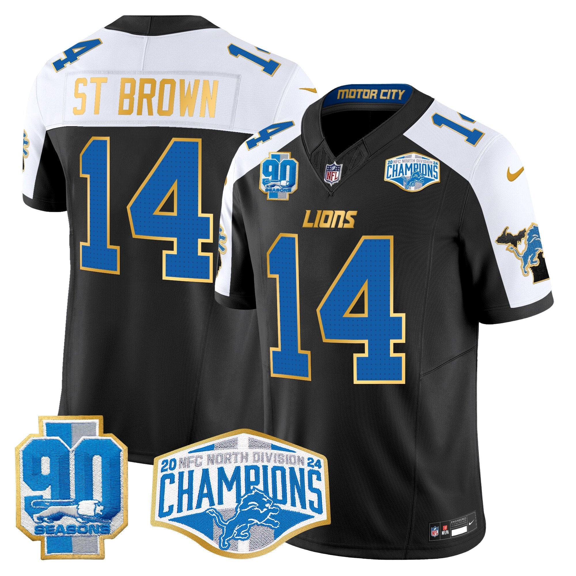Detroit Lions 2024 NFC North Division Champions Patch Gold Trim Vapor Limited Jersey – All Stitched – Black Alternate – St. Brown Jersey
