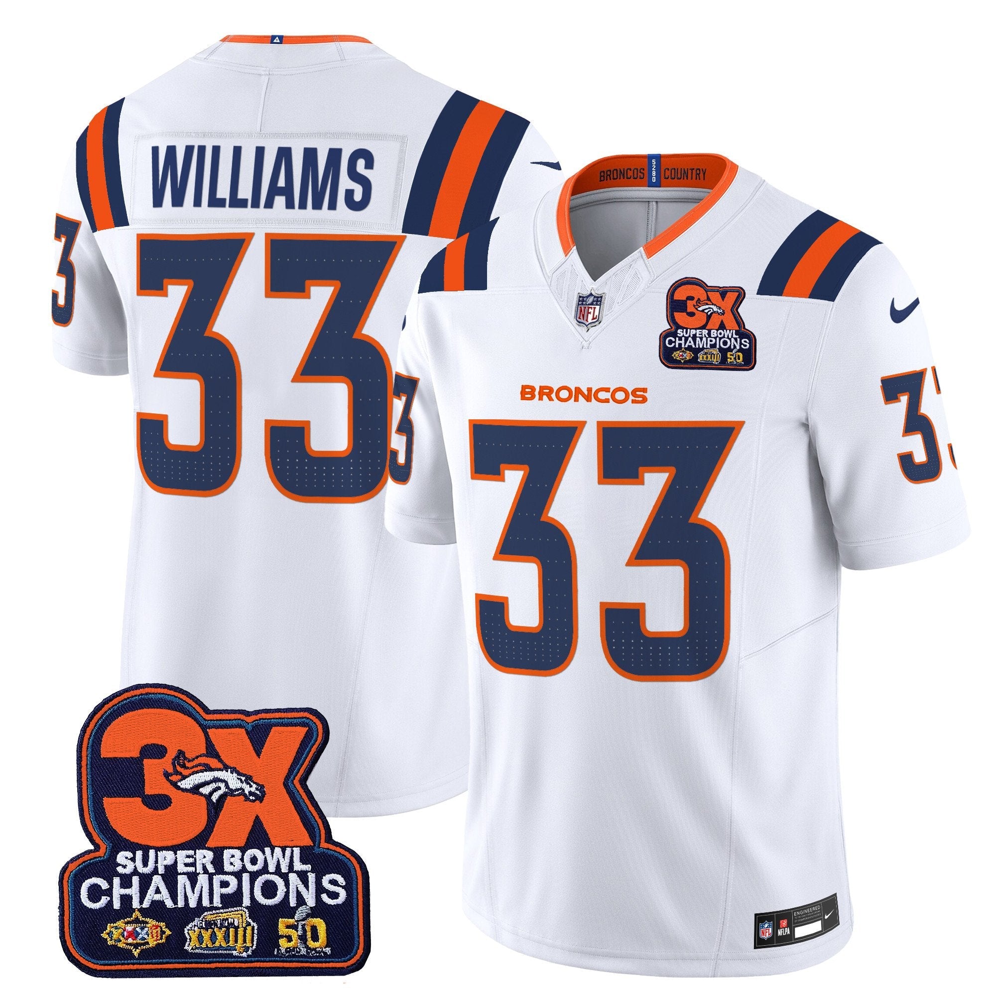 Denver Broncos 3-Time Champions Patch Vapor Limited Jersey V2 – All Stitched – White – Javonte Williams Jersey