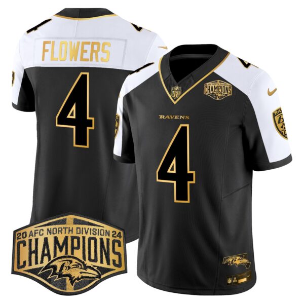 Ravens Maryland Flag Map 2024 AFC North Division Champions Patch Gold Vapor Limited Jersey – All Stitched – Alternate – Zay Flowers Jersey