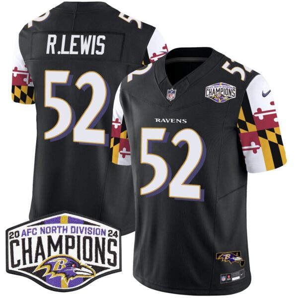 Ravens Maryland Flag 2024 AFC North Division Champions Patch Vapor Limited Jersey – All Stitched – Black – Ray Lewis Jersey