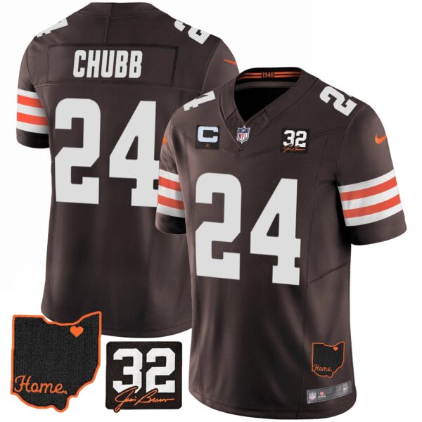Browns #32 Jim Brown Memorial & Home Patch Jersey V3 – All Stitched – Brown – Nick Chubb Jersey