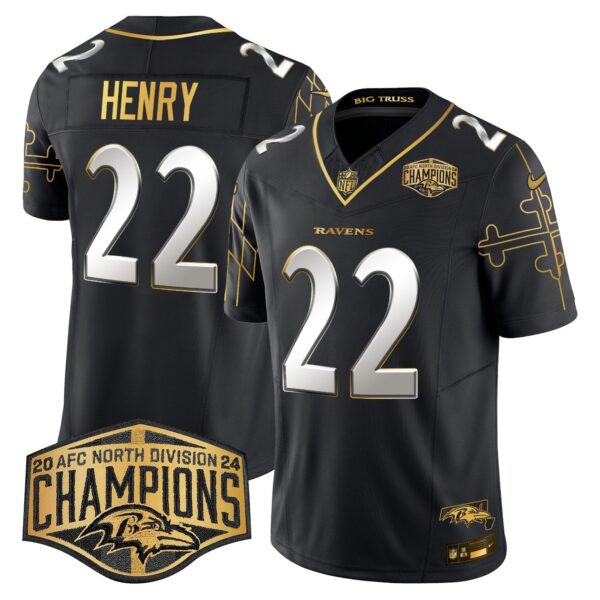 Ravens Maryland Flag Map 2024 AFC North Division Champions Patch Gold Vapor Limited Jersey – All Stitched – Black Limited – Derrick Henry Jersey
